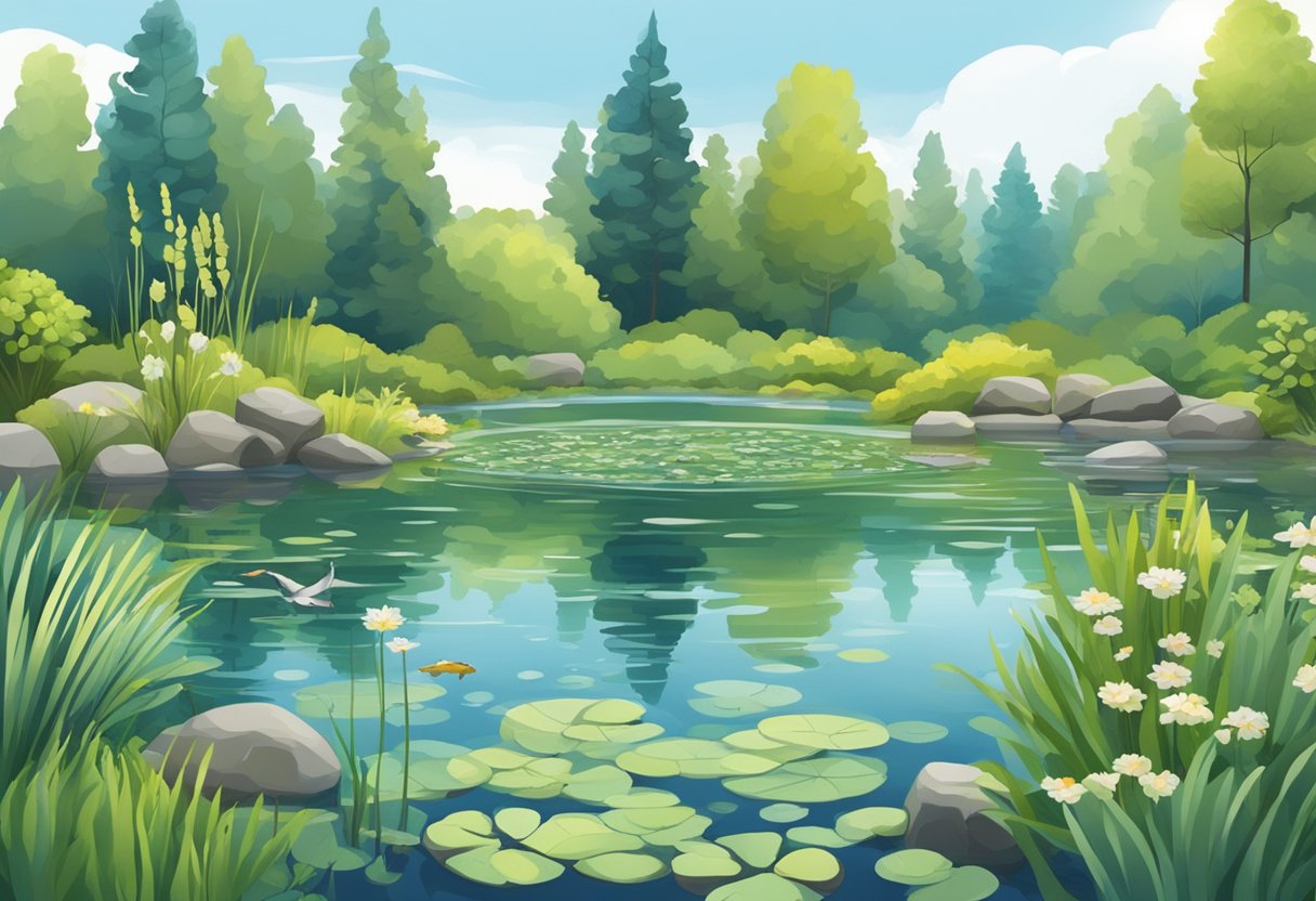 A serene pond with a bog filter system, clear water, aquatic plants, and fish swimming peacefully