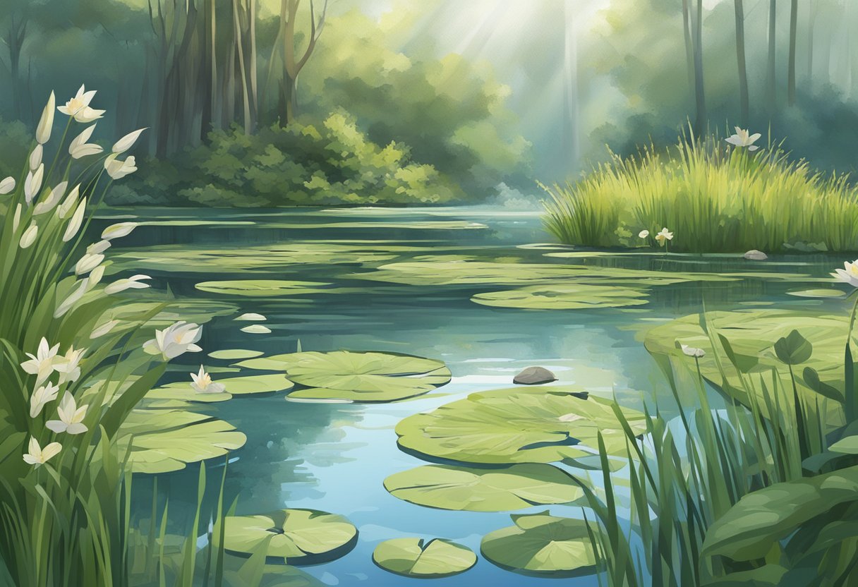 A serene pond with lush aquatic plants, reeds, and floating lilies surrounded by a natural bog filtration system