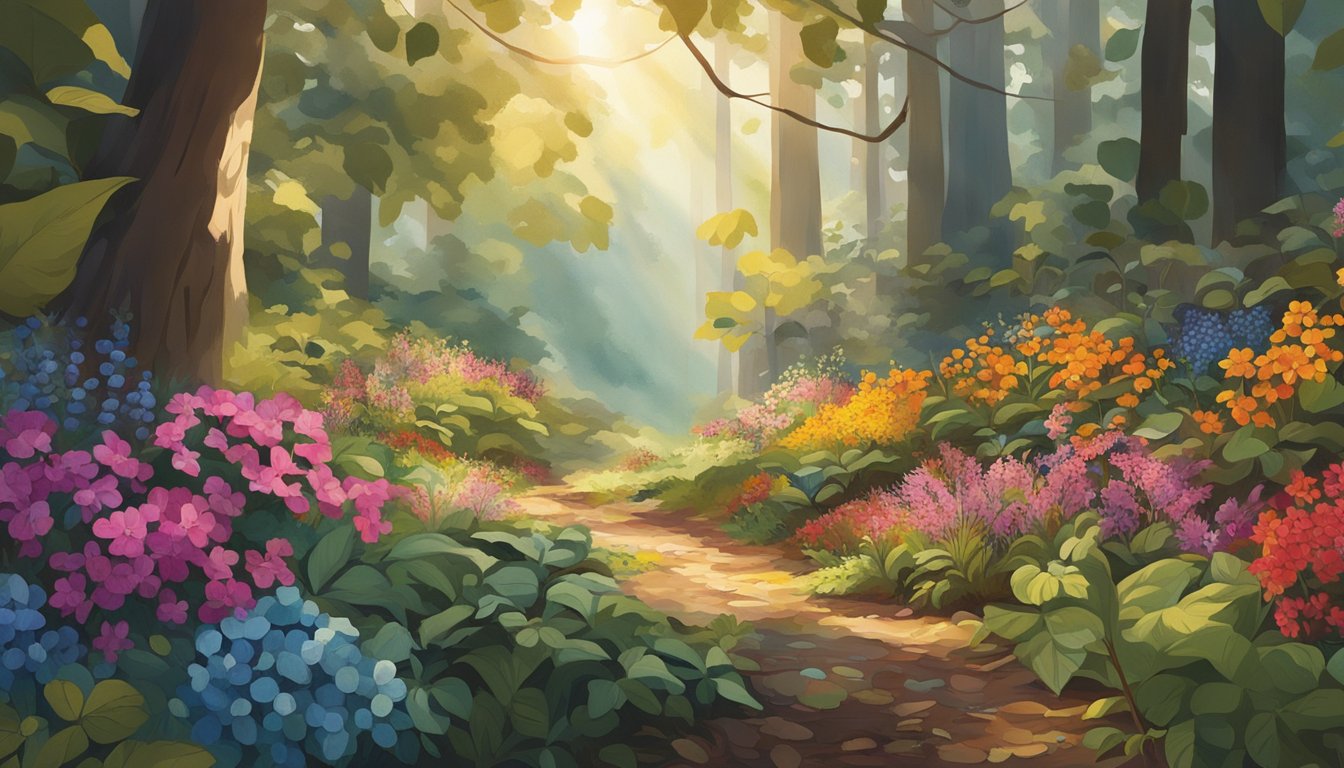 A lush forest floor scattered with vibrant flowers, leaves, and berries, all potential sources for natural dyes. Sunlight filters through the canopy, casting a warm glow on the colorful bounty