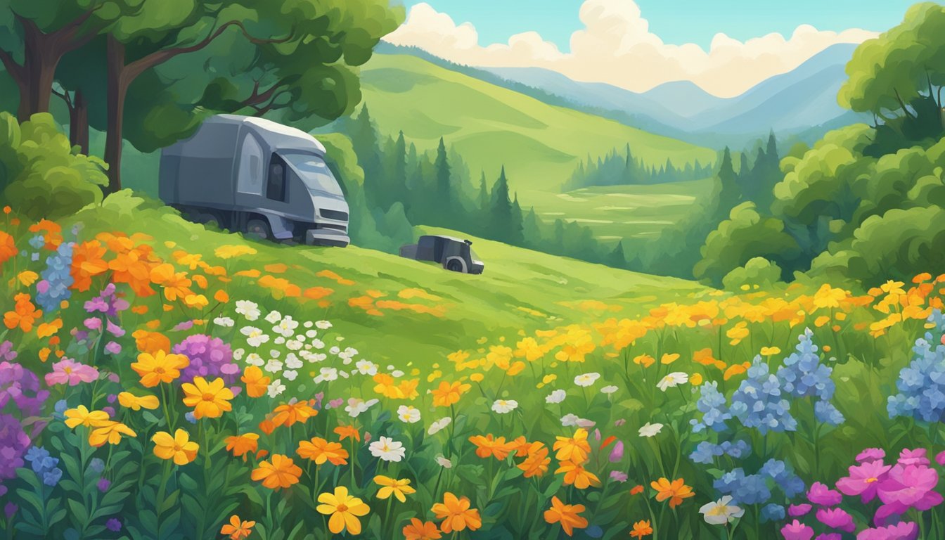 A lush meadow with colorful wildflowers blooming, surrounded by trees and bushes. A forager carefully selects vibrant edible flowers, capturing the beauty of nature