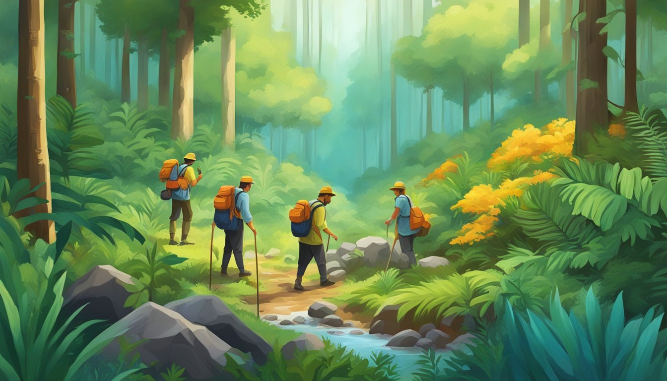 A group of foragers collect plants and minerals in a lush forest, surrounded by vibrant colors and natural beauty