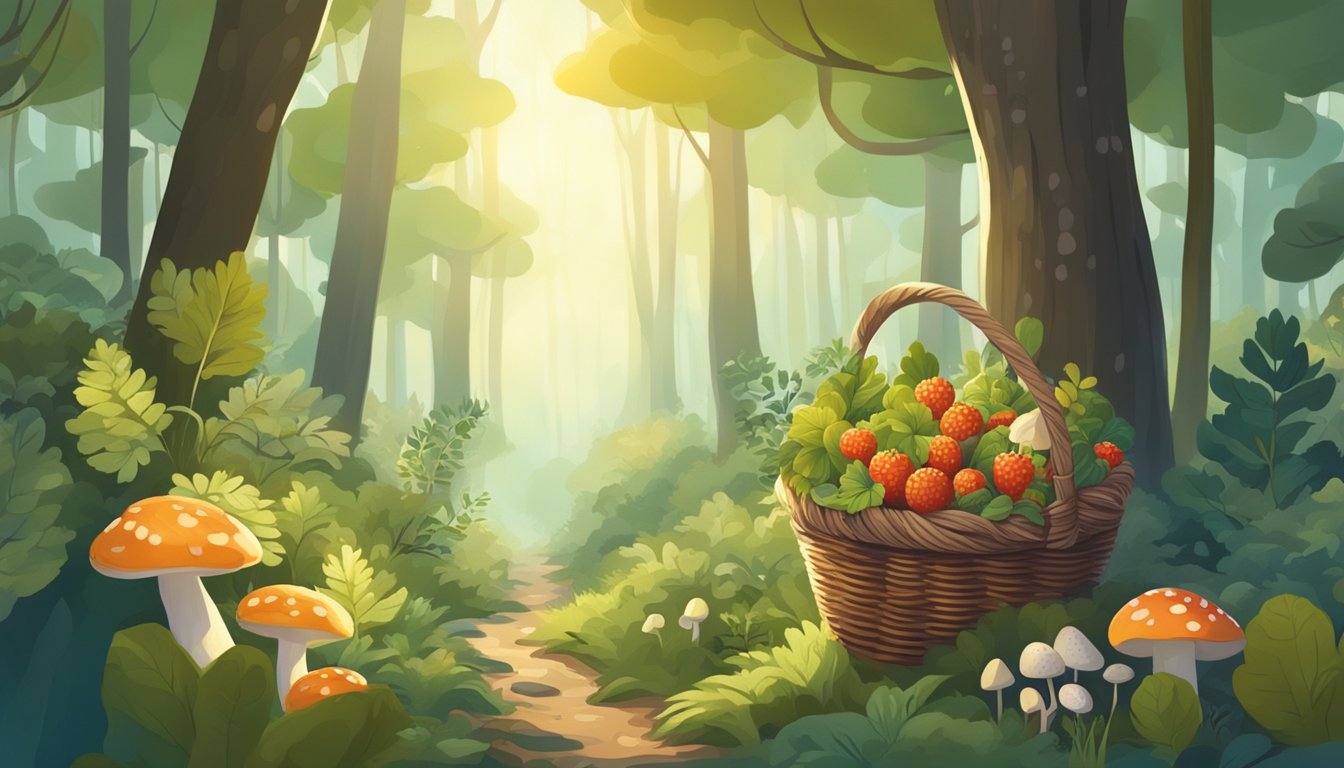 A lush forest with a variety of edible plants and fungi. A forager gathers wild berries and mushrooms in woven baskets. Sunlight filters through the canopy