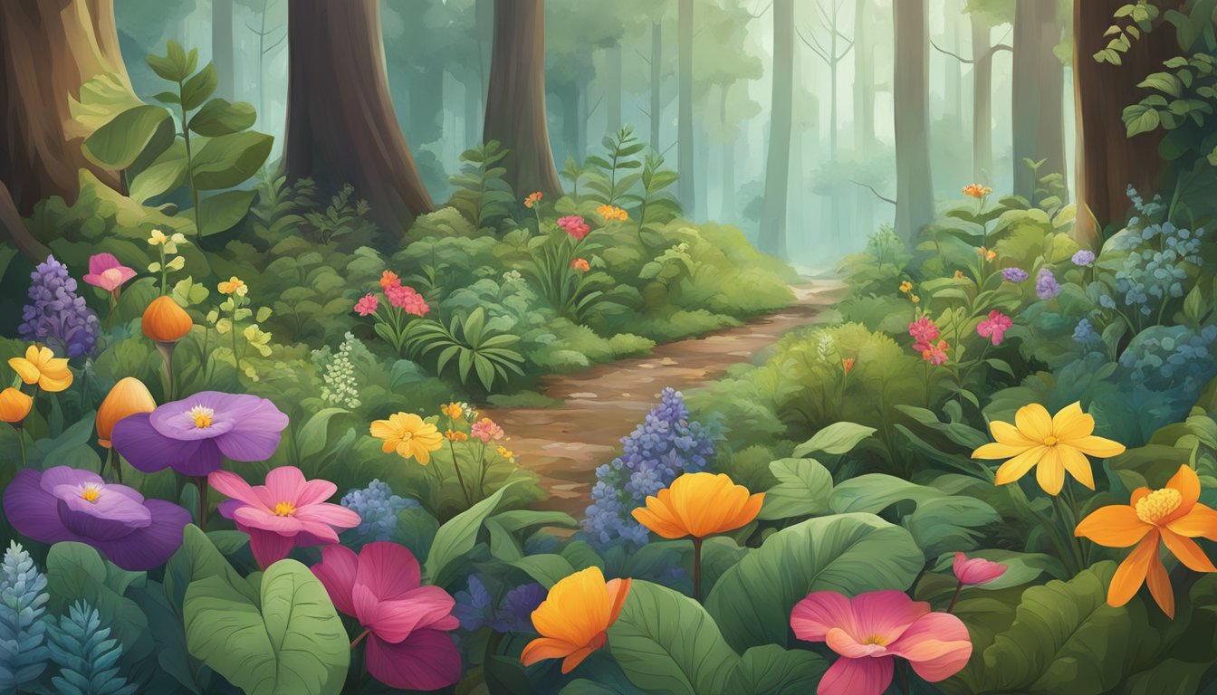 A lush forest floor with an array of colorful edible flowers, surrounded by diverse plant life and wildlife