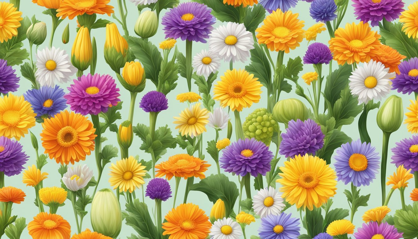 A colorful array of edible flowers arranged in alphabetical order, from aster to zucchini blossoms, creating a vibrant and visually appealing display