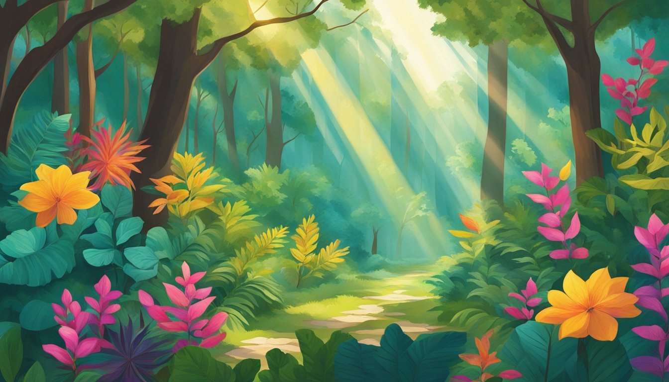 A lush forest with vibrant flora and fauna, showcasing a variety of natural dyes and patterns. Sunlight filters through the canopy, illuminating the rich colors and textures