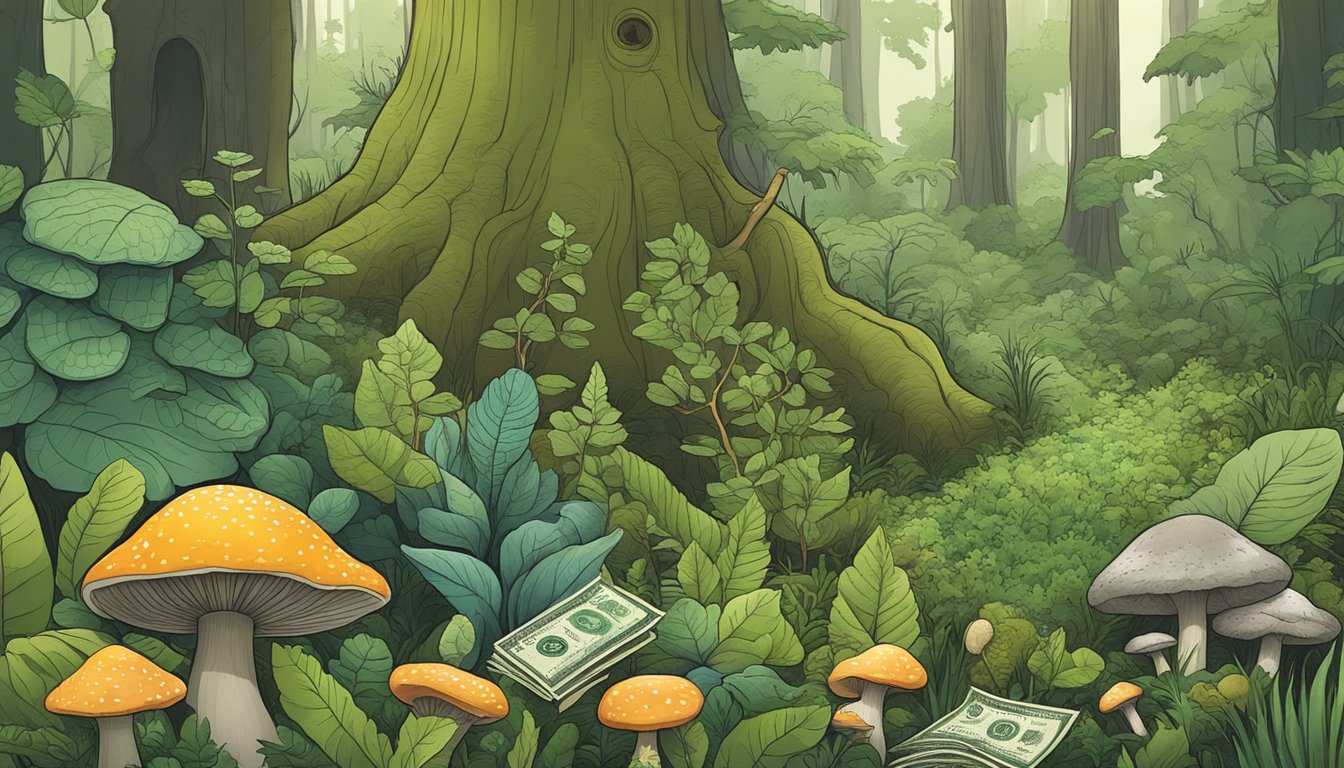 A lush forest with various edible plants and fungi, a forager collecting and cataloging specimens, a scale and money representing sustainability