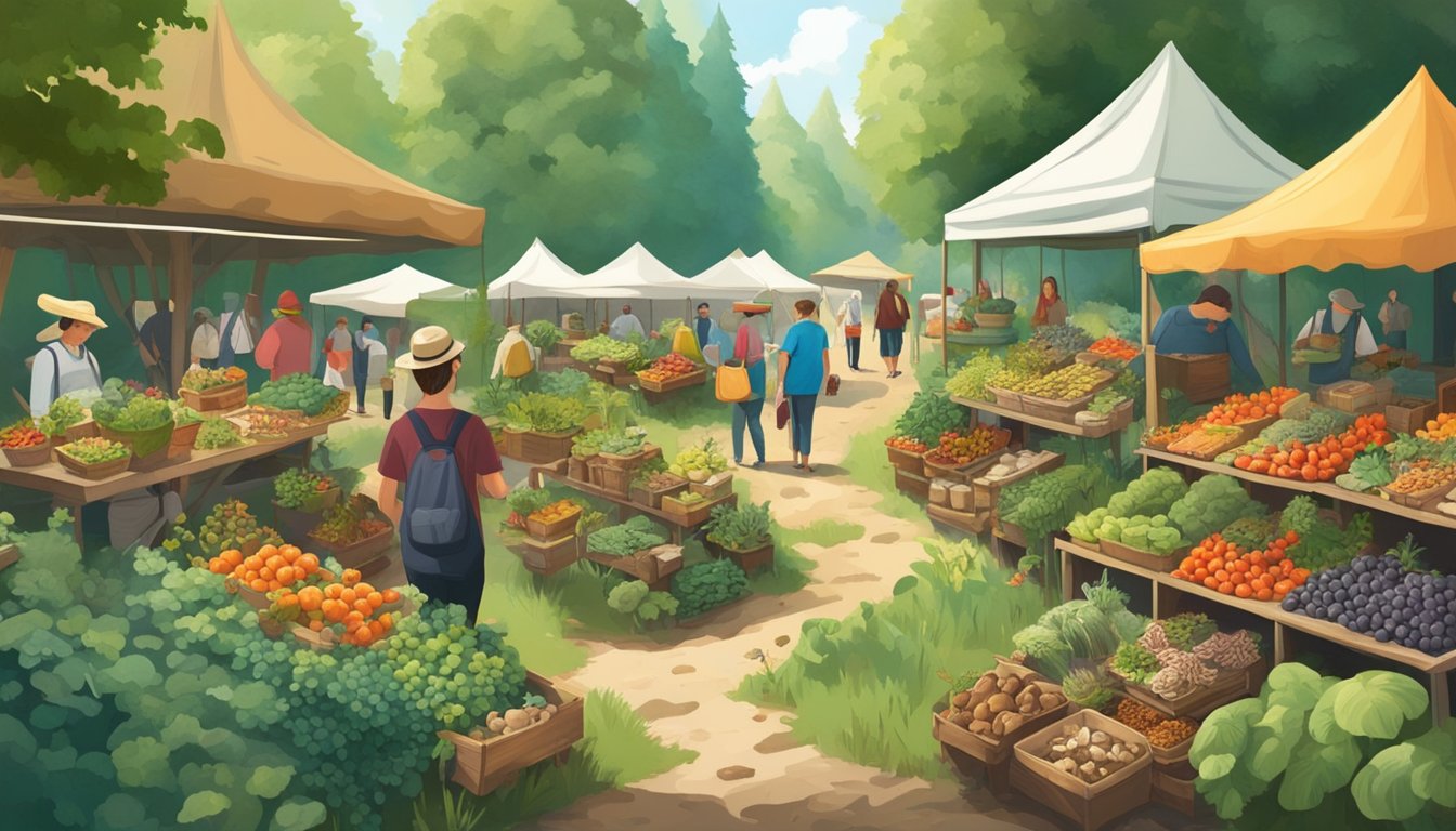 A lush forest with a variety of edible plants and mushrooms, a person gathering wild berries, and a bustling farmers' market with vendors selling foraged goods