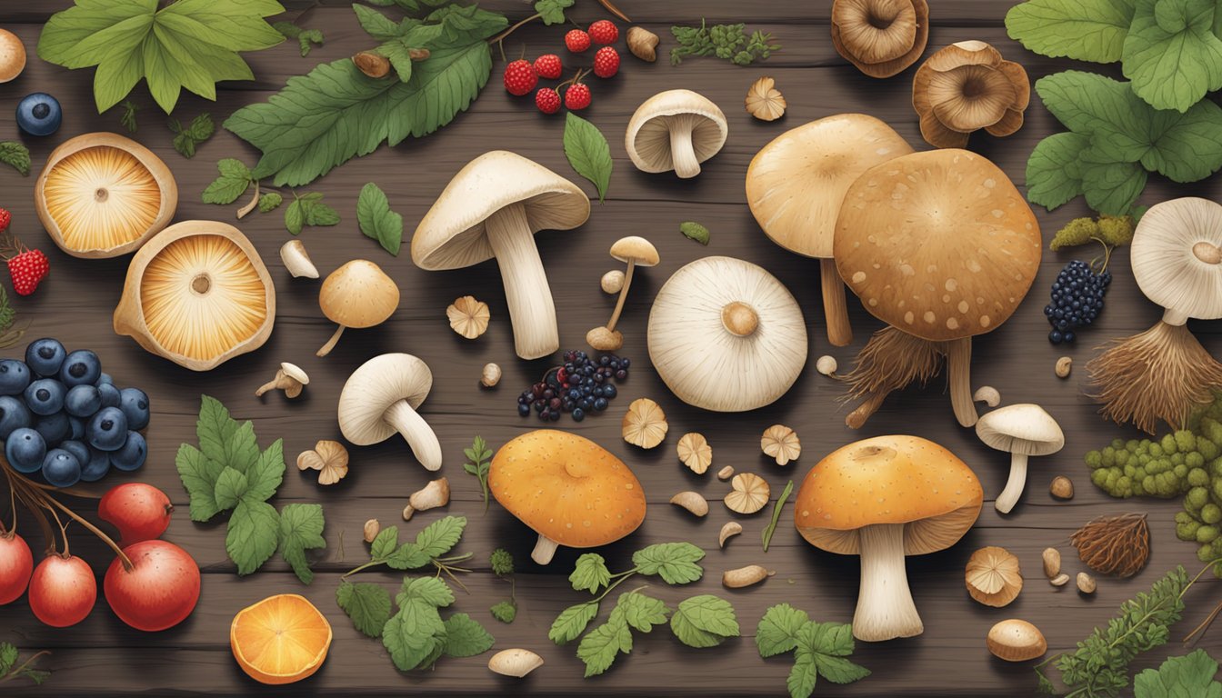 A diverse array of foraged items, such as mushrooms, berries, and wild herbs, spread out on a rustic wooden table, surrounded by nature