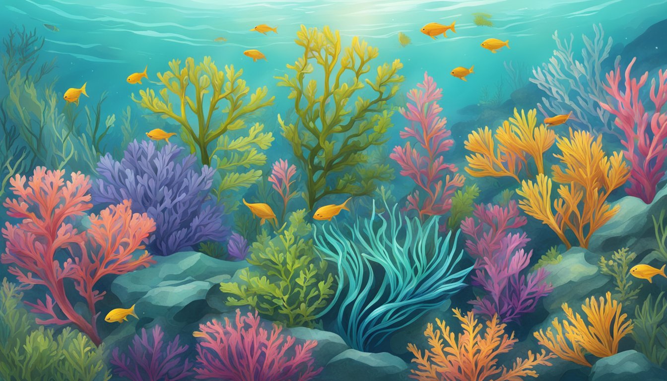 A colorful array of seaweed species swaying gently in the clear ocean water, creating a vibrant underwater garden