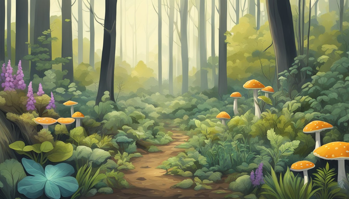 A woodland scene with a variety of plants and fungi growing in a contaminated area, with a focus on the process of foraging and harvesting for rehabilitation