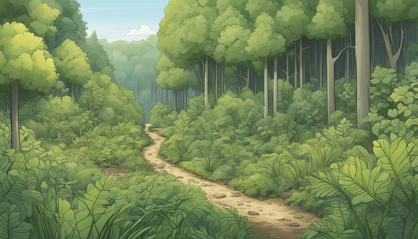 An illustration of a lush forest with diverse plant life, showcasing sustainable foraging practices in a contaminated area being rehabilitated through careful harvesting