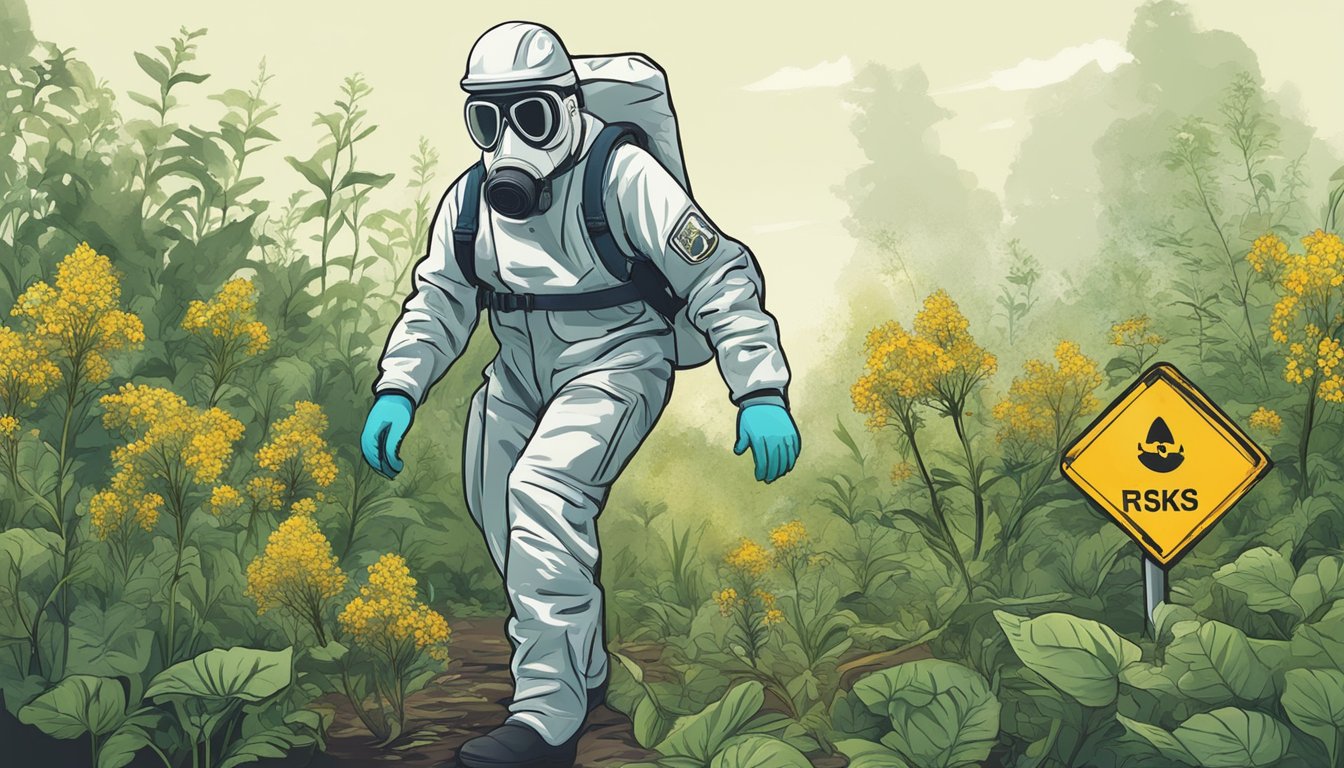 A figure wearing protective gear collects wild plants in a contaminated area, with a sign warning of the risks