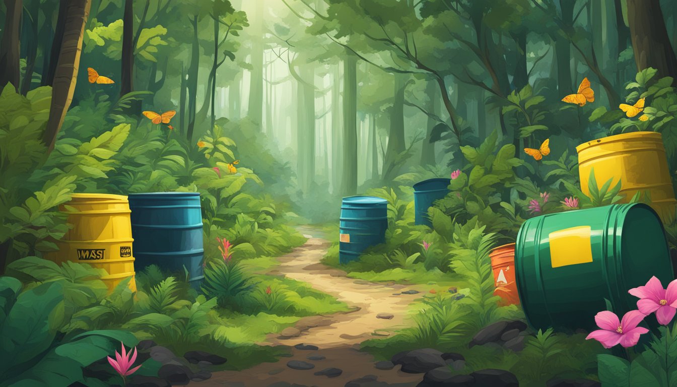 A lush forest with vibrant flora and fauna, surrounded by warning signs and hazardous waste barrels