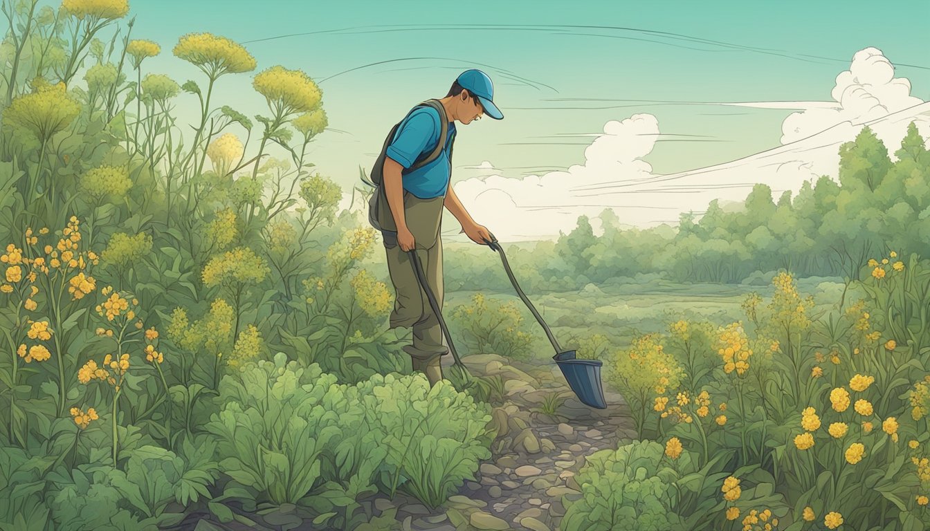 A figure gathers wild plants in a polluted landscape, carefully selecting and harvesting foraged vegetation