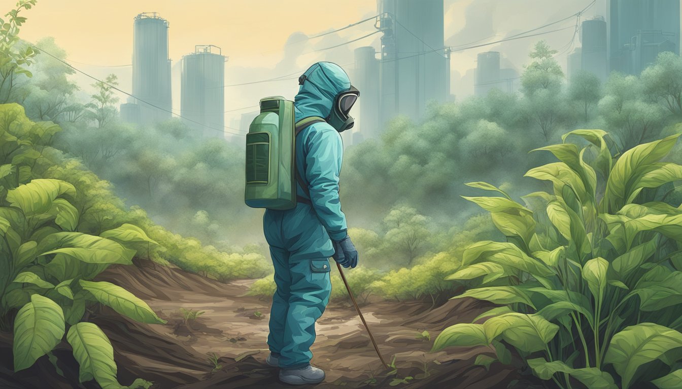 A figure in protective gear gathers plants in a polluted landscape, with signs of regrowth and recovery in the background