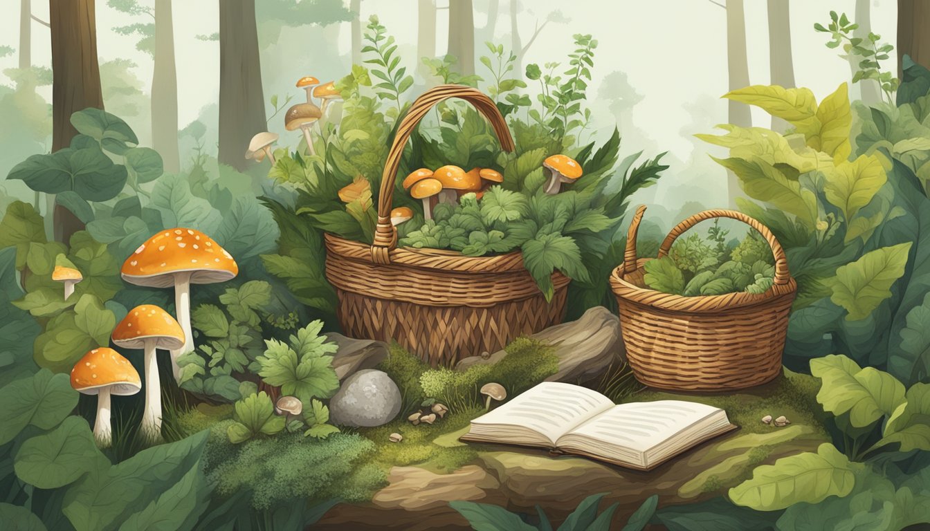 A lush forest floor with various wild plants and mushrooms, a basket filled with foraged goods, and a book on preserving techniques