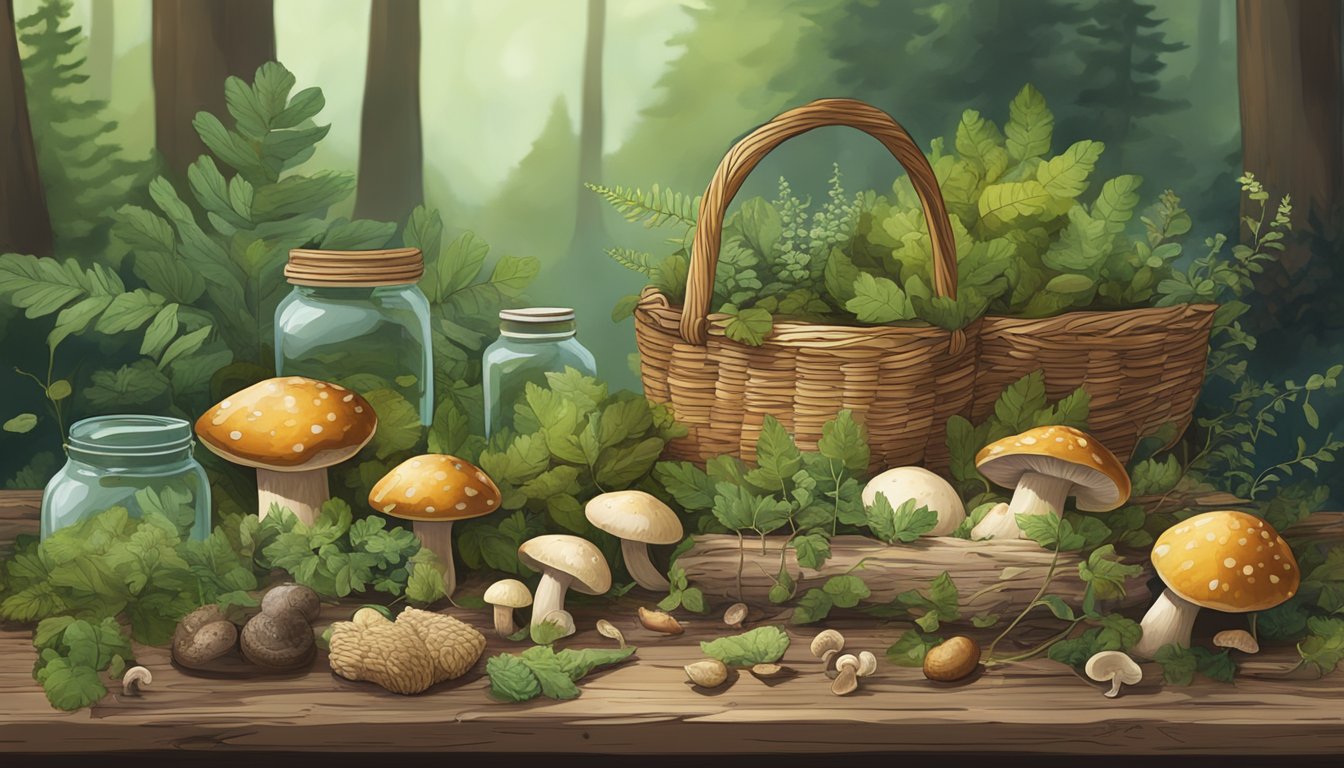 A lush forest floor with a variety of wild plants and mushrooms, a woven basket filled with freshly picked foraged items, and a small jar of preserved goods on a rustic wooden table