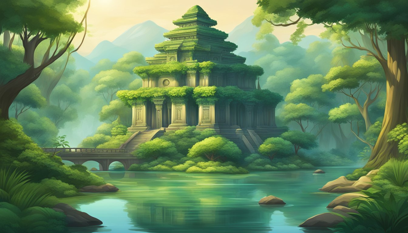 A lush forest with a tranquil river, surrounded by ancient temples and sacred symbols