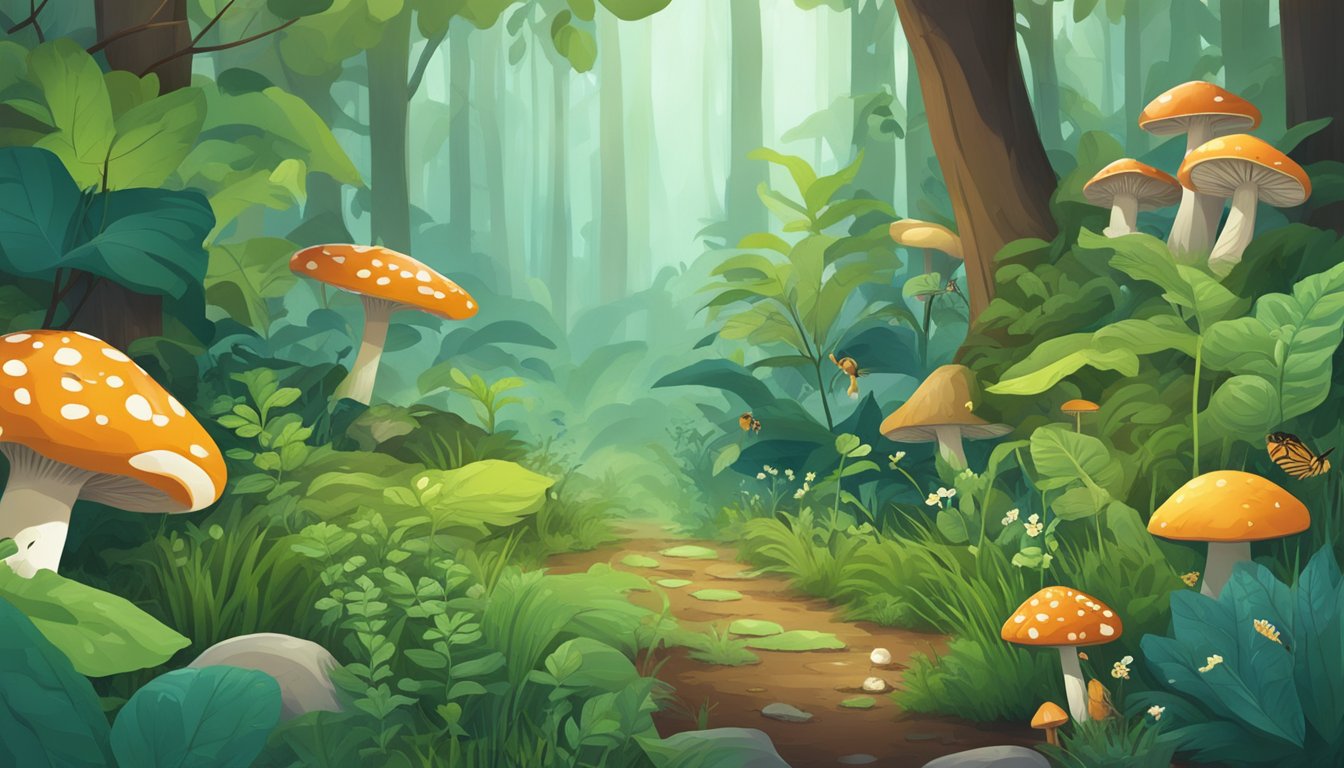 A lush forest floor with diverse plant life, mushrooms, and insects. Birds and small animals are visible in the background