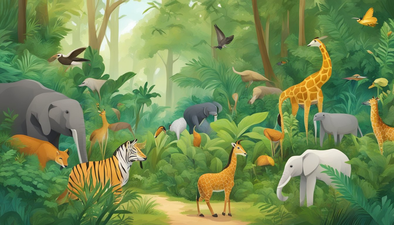 A diverse array of animals foraging in a lush, natural environment, with various species interacting and contributing to the ecosystem's biodiversity