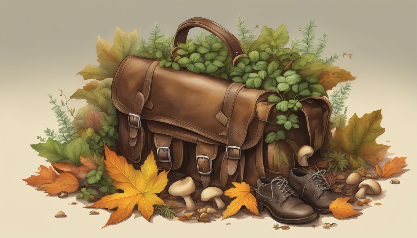 A forest floor covered in fallen leaves and mushrooms, with a worn leather satchel overflowing with wild herbs and berries