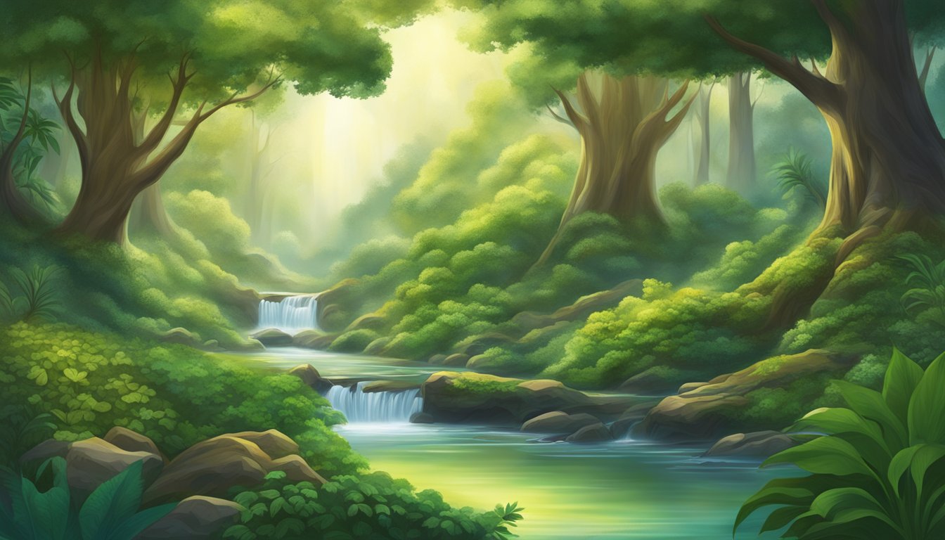 A lush forest with diverse plant life, a serene river, and a sacred altar nestled among ancient trees, representing the spiritual connection to nature