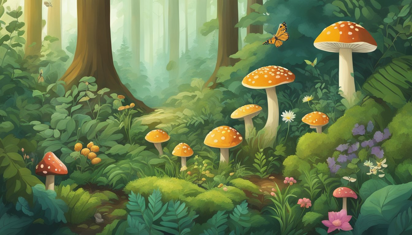 A lush forest floor with diverse plant life, small animals, and insects. A forager carefully collects berries and mushrooms, contributing to the ecosystem's biodiversity