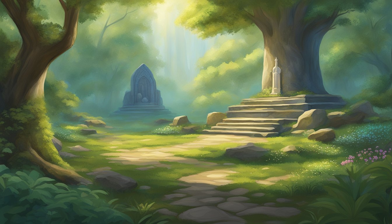 A serene forest clearing with a stone altar, surrounded by vibrant flora and fauna, under the dappled light of ancient trees