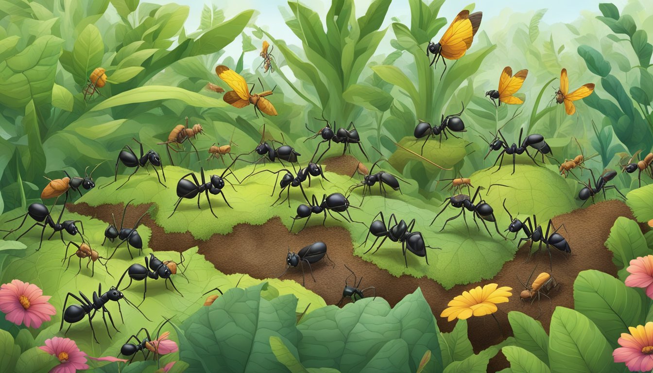 A bustling colony of ants working together to gather food and build their nest, surrounded by a diverse array of plants and insects in a lush, biodiverse environment