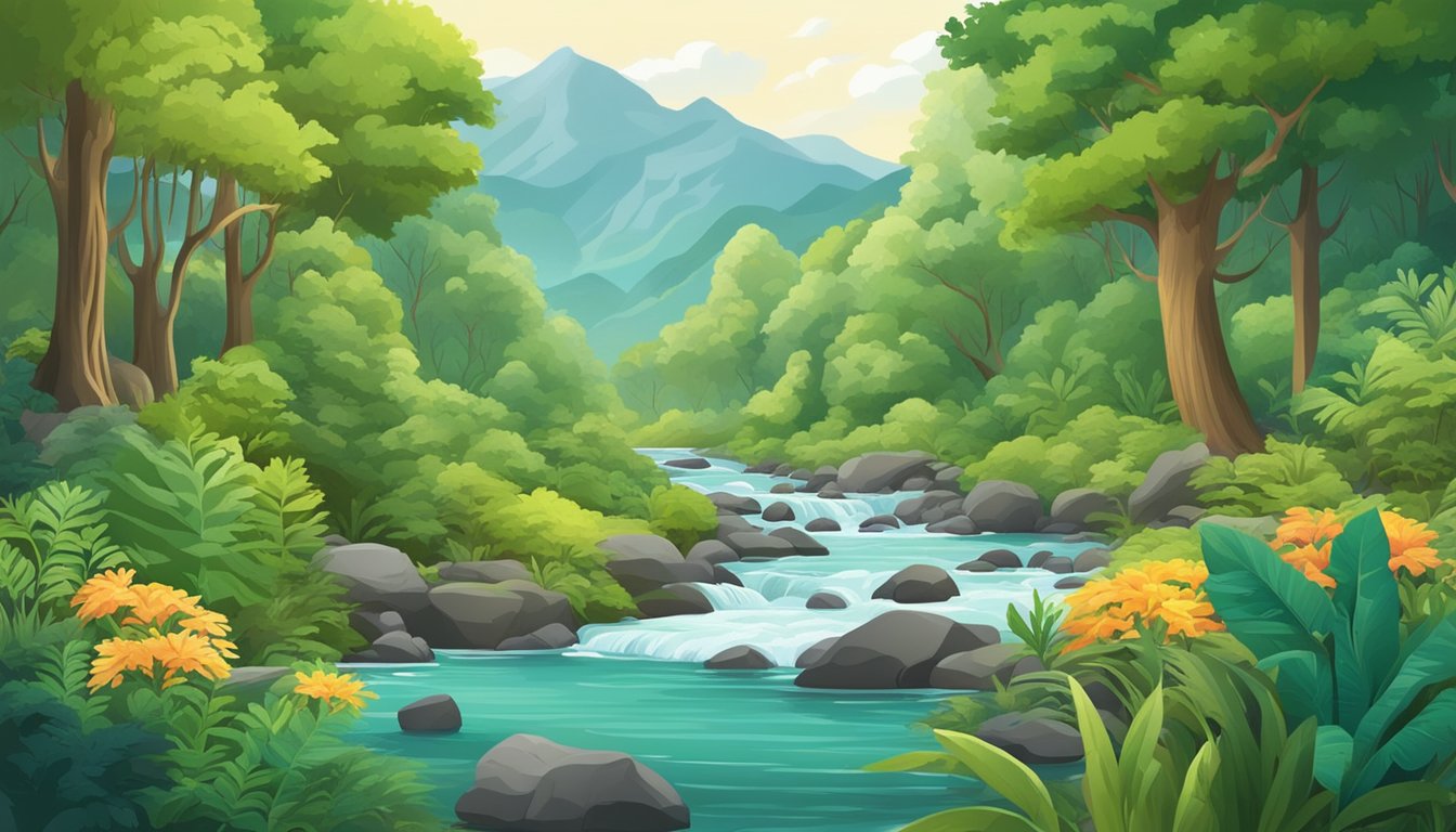 A lush forest with diverse plant life and wildlife, surrounded by a flowing river and mountains in the background