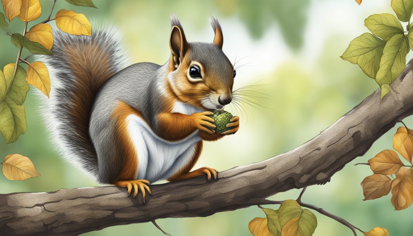 A squirrel perched on a tree branch, holding a seed in its paws, with various plants and trees in the background