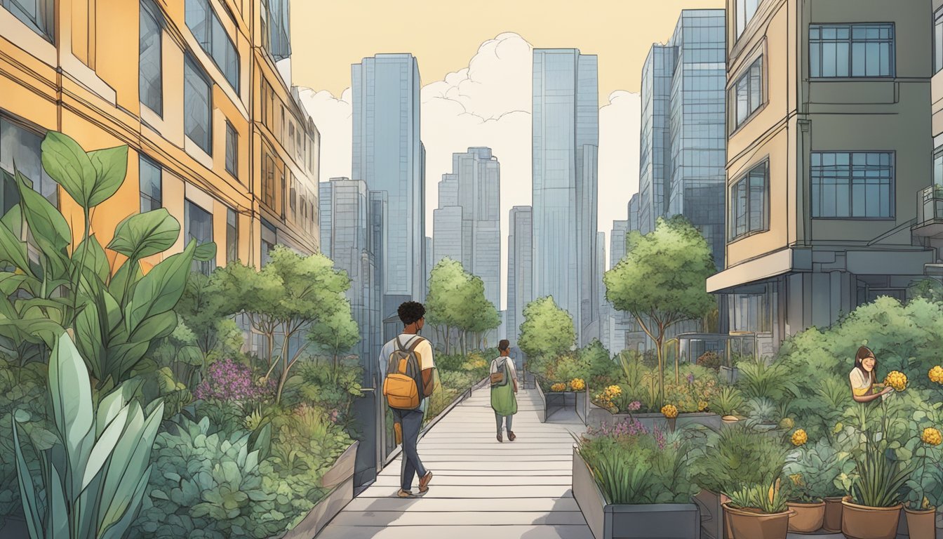 A modern urban setting with a person foraging for wild plants amidst skyscrapers and city streets, blending traditional practices with contemporary lifestyle