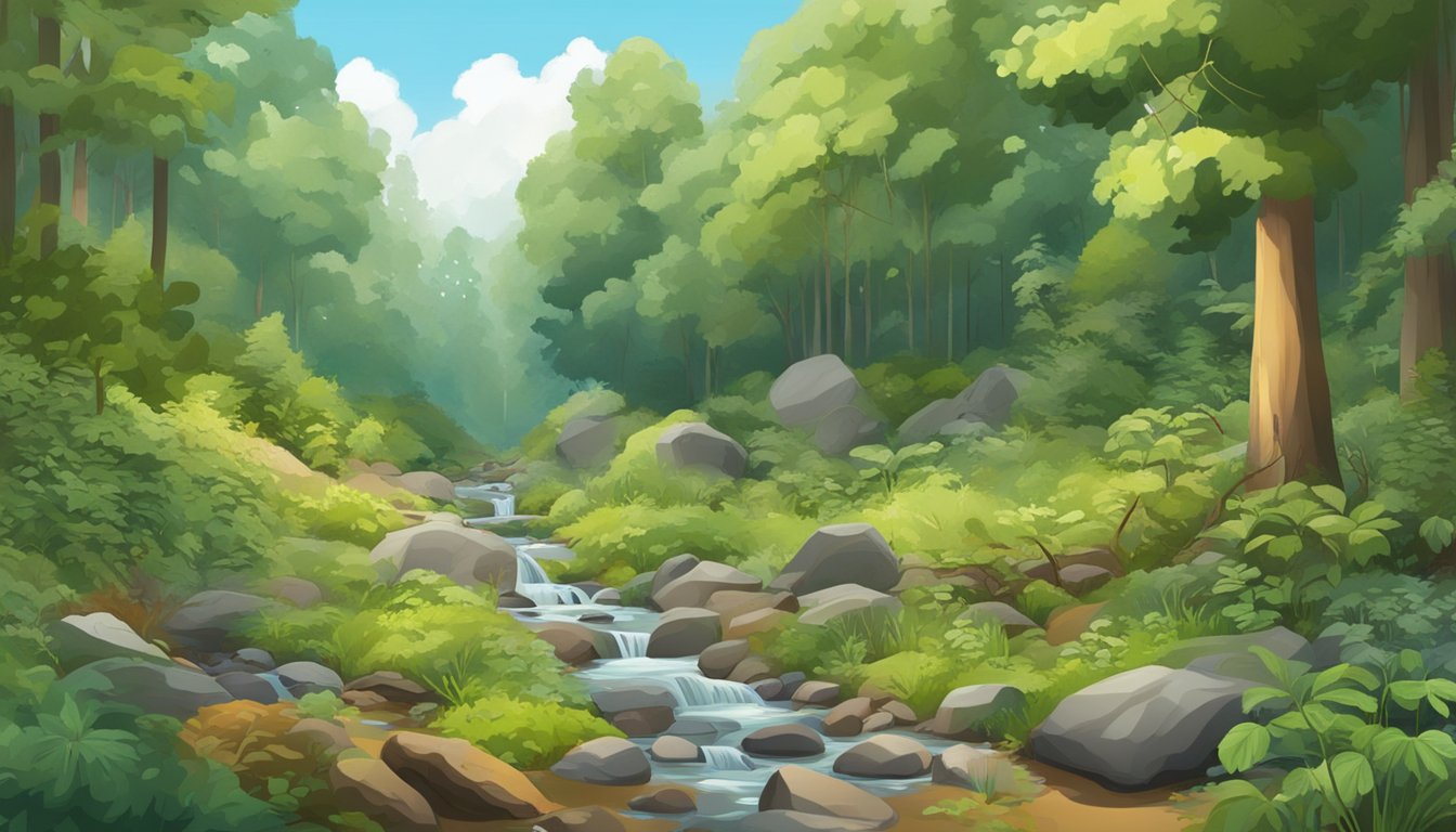 A lush forest with diverse plant life, a clear stream, and a variety of foraging tools scattered on the ground