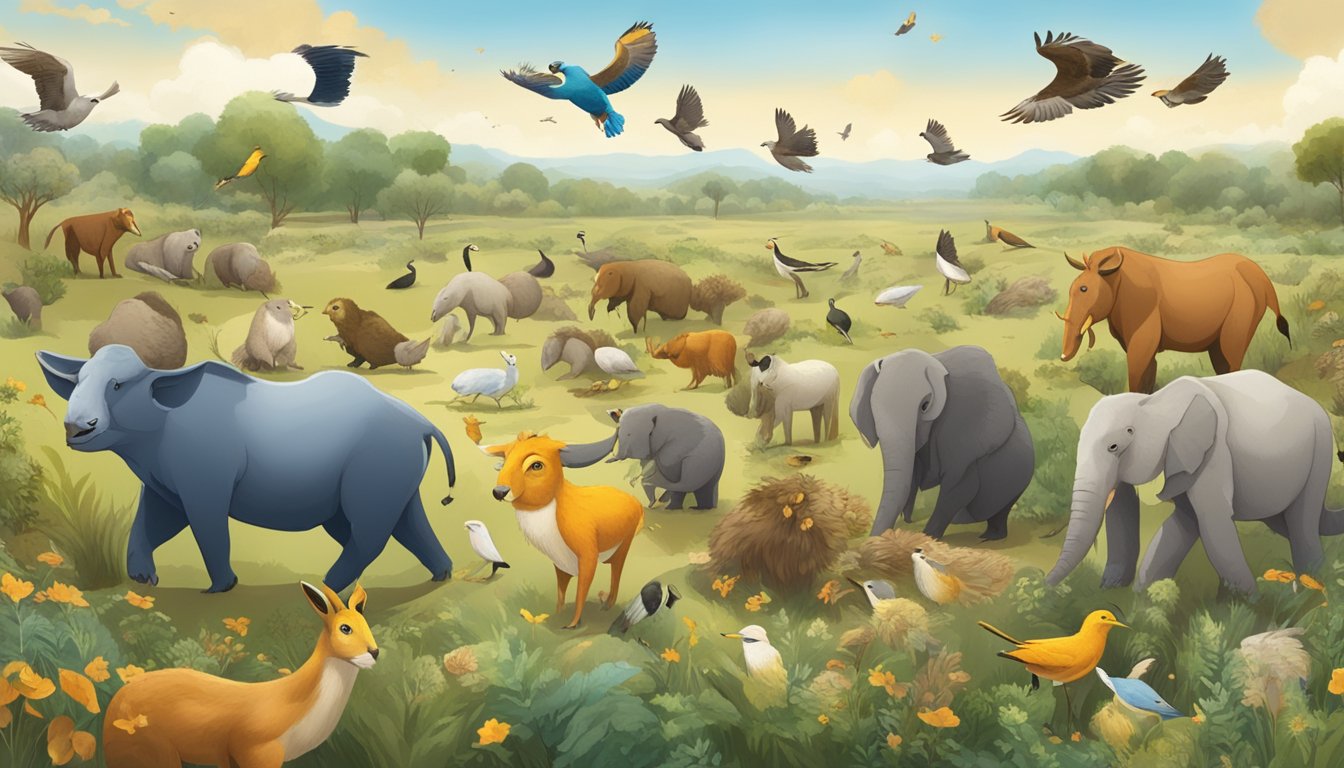 A variety of animals gathering and hoarding seeds, dispersing them across the landscape