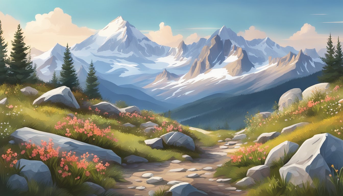 A rugged mountain landscape with alpine plants like wild berries, mushrooms, and herbs scattered among rocky terrain. Snow-capped peaks in the background