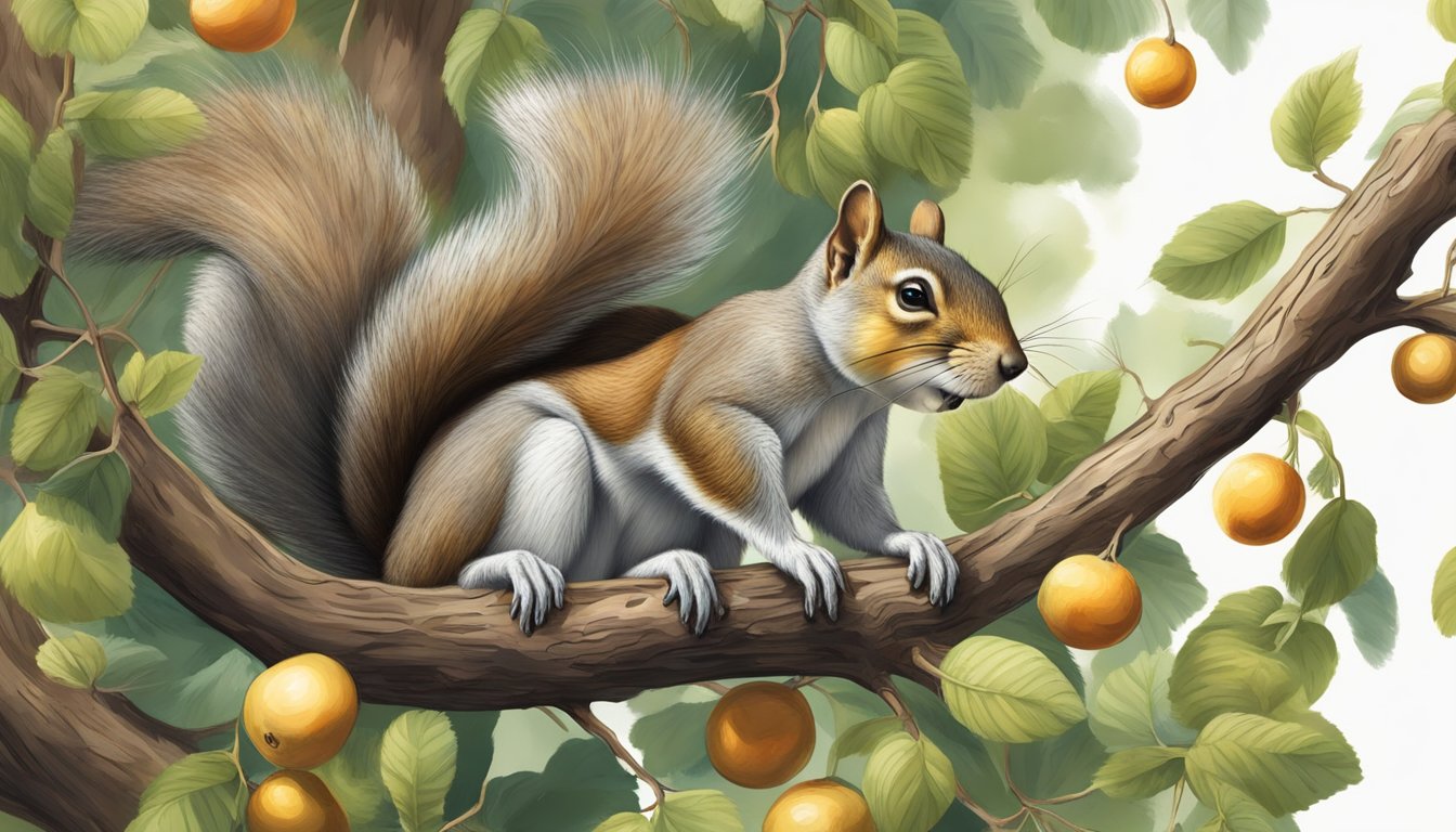 A squirrel climbs a tree, reaching for a ripe fruit while avoiding thorns and spines