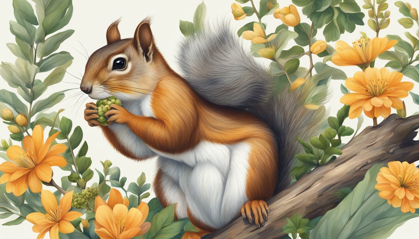 A squirrel perched on a tree branch, holding a seed in its mouth, surrounded by a variety of plants and flowers