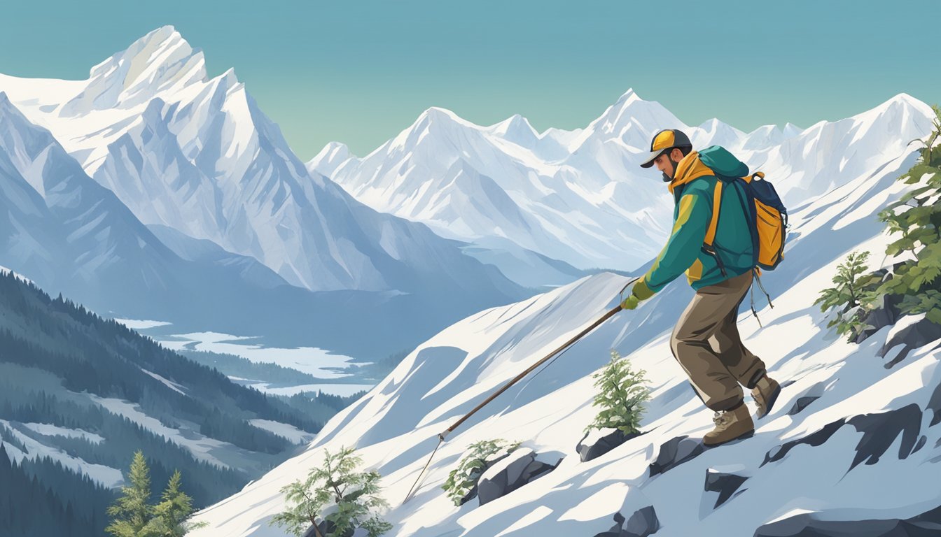 A figure using a long-handled tool to harvest wild edibles from rocky, high-altitude terrain, with a backdrop of snow-capped peaks and alpine vegetation