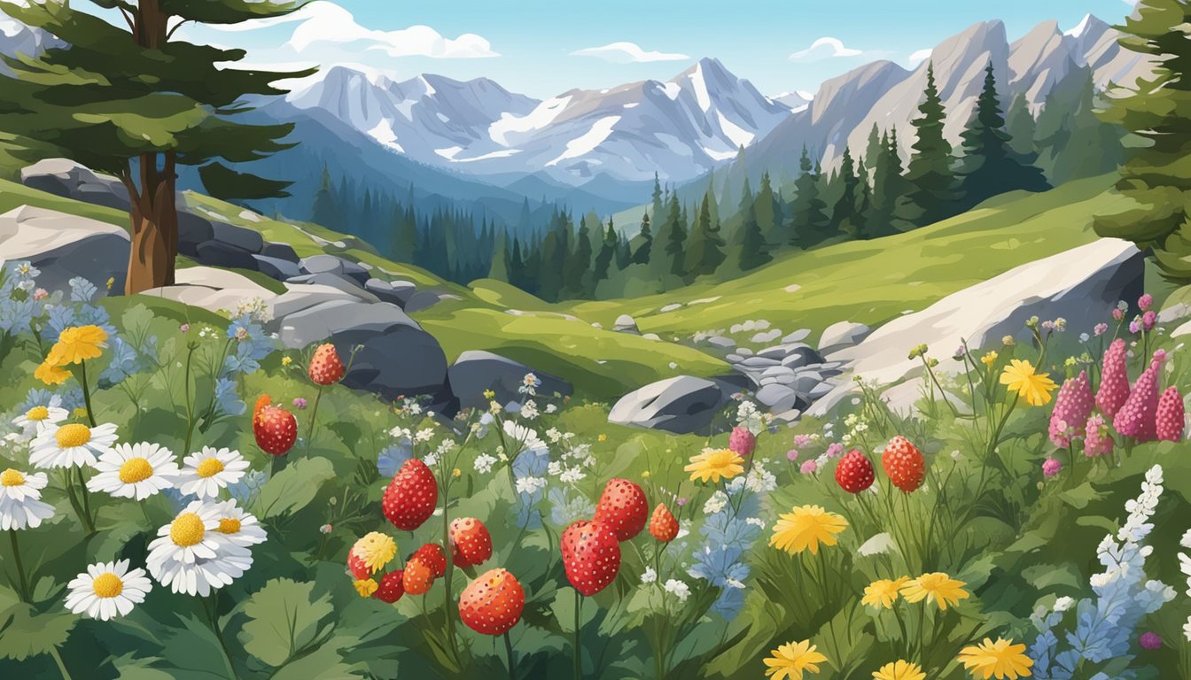 A rocky alpine landscape with wildflowers, pine trees, and snow-capped peaks. Various edible plants such as alpine strawberries and wild herbs dot the terrain