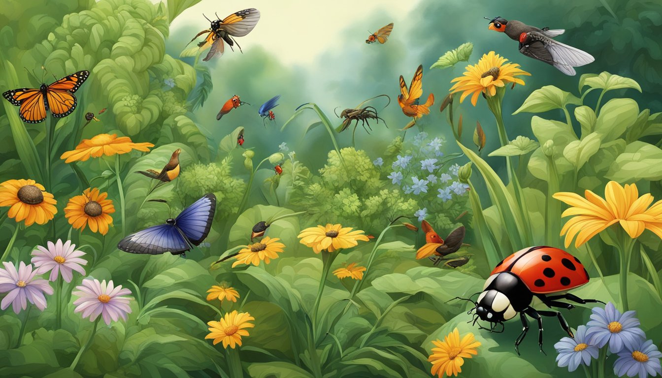 A lush garden scene with various predators such as ladybugs, spiders, and birds foraging for pests among plants and flowers