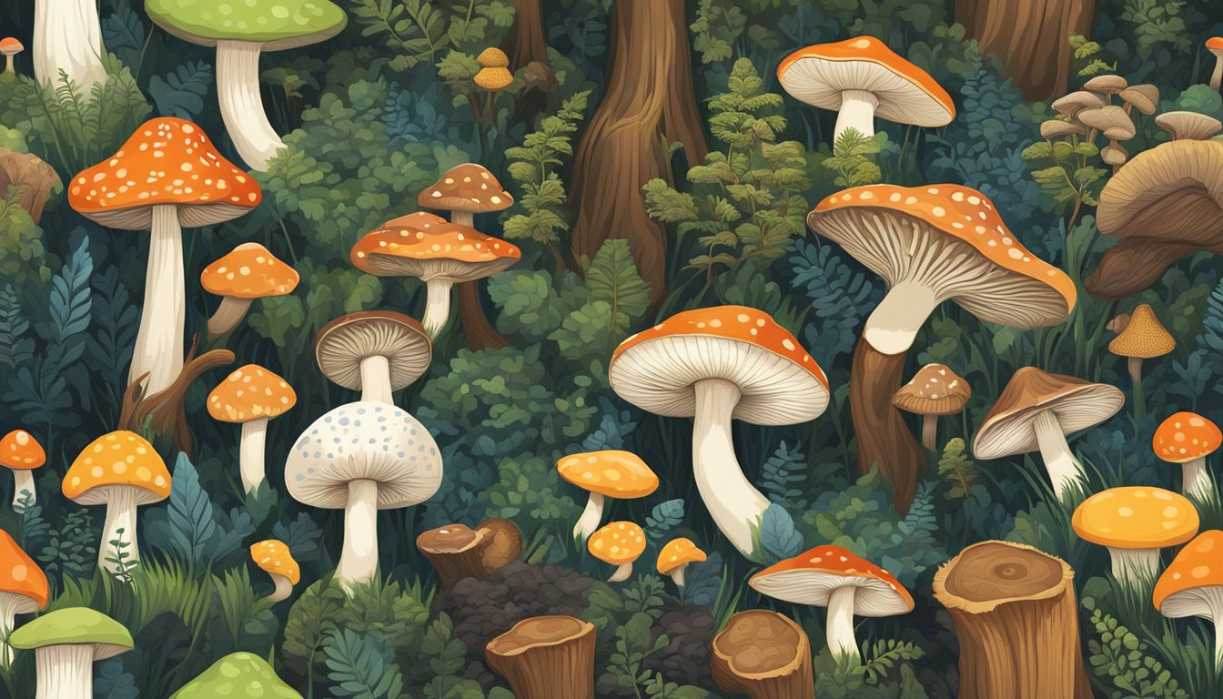 A variety of mushrooms growing in a forest, with different shapes, sizes, and colors. Some are growing on the forest floor, while others are attached to trees or logs