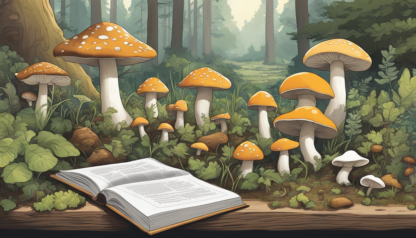 A woodland scene with various mushrooms growing in the wild, alongside a garden with cultivated mushroom patches. The forager's guide book is open on a nearby table