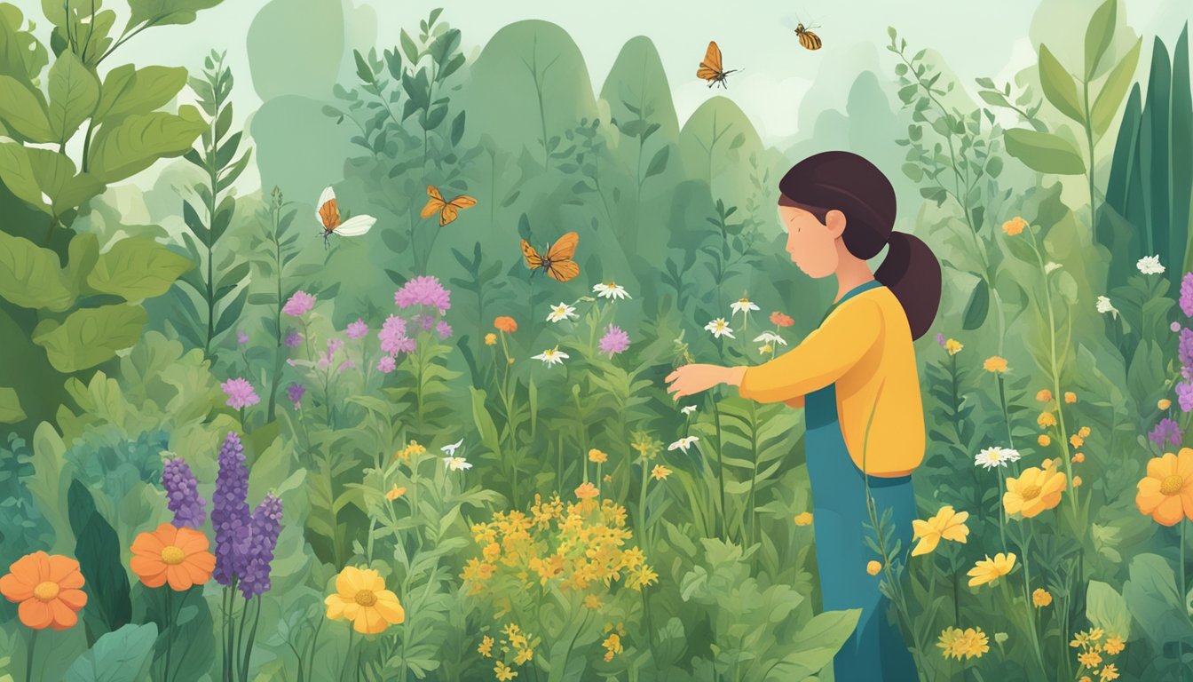 A lush garden with a variety of plants and herbs, surrounded by wildflowers and buzzing with insects. A person is collecting herbs and wild plants to create homemade remedies for natural pest control