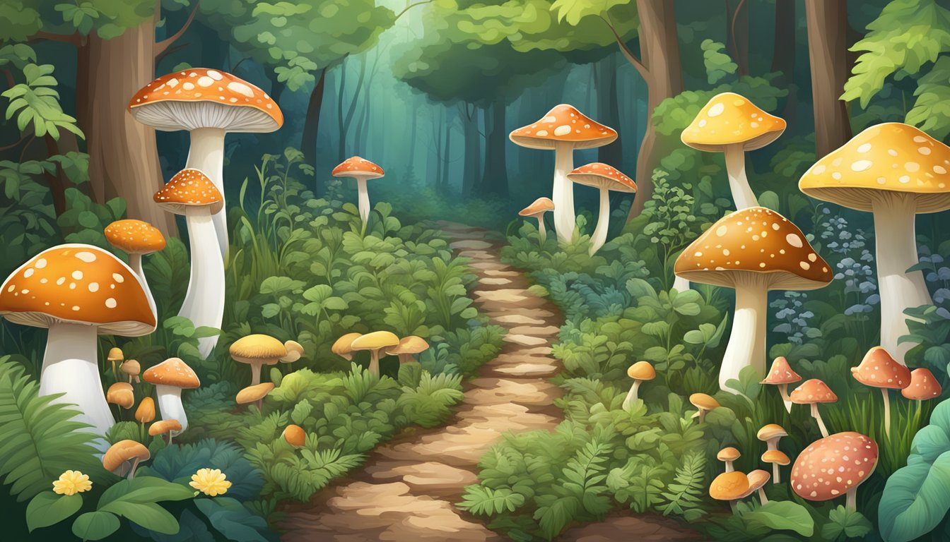 A lush forest with a variety of mushrooms growing wild, alongside a garden filled with carefully cultivated mushroom beds