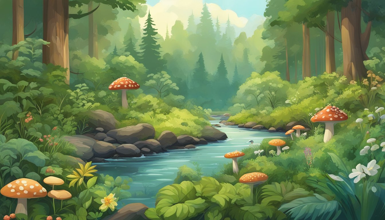 A lush forest with a variety of wild plants, berries, and mushrooms. A clear stream runs through the landscape, and birds and small animals are visible in the background