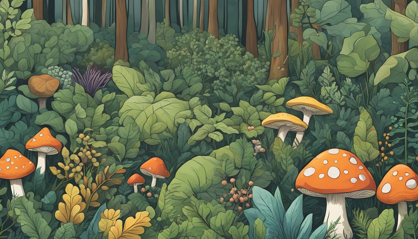 A lush forest floor with a variety of wild plants including berries, mushrooms, and leafy greens. A forager gathers a handful of plants