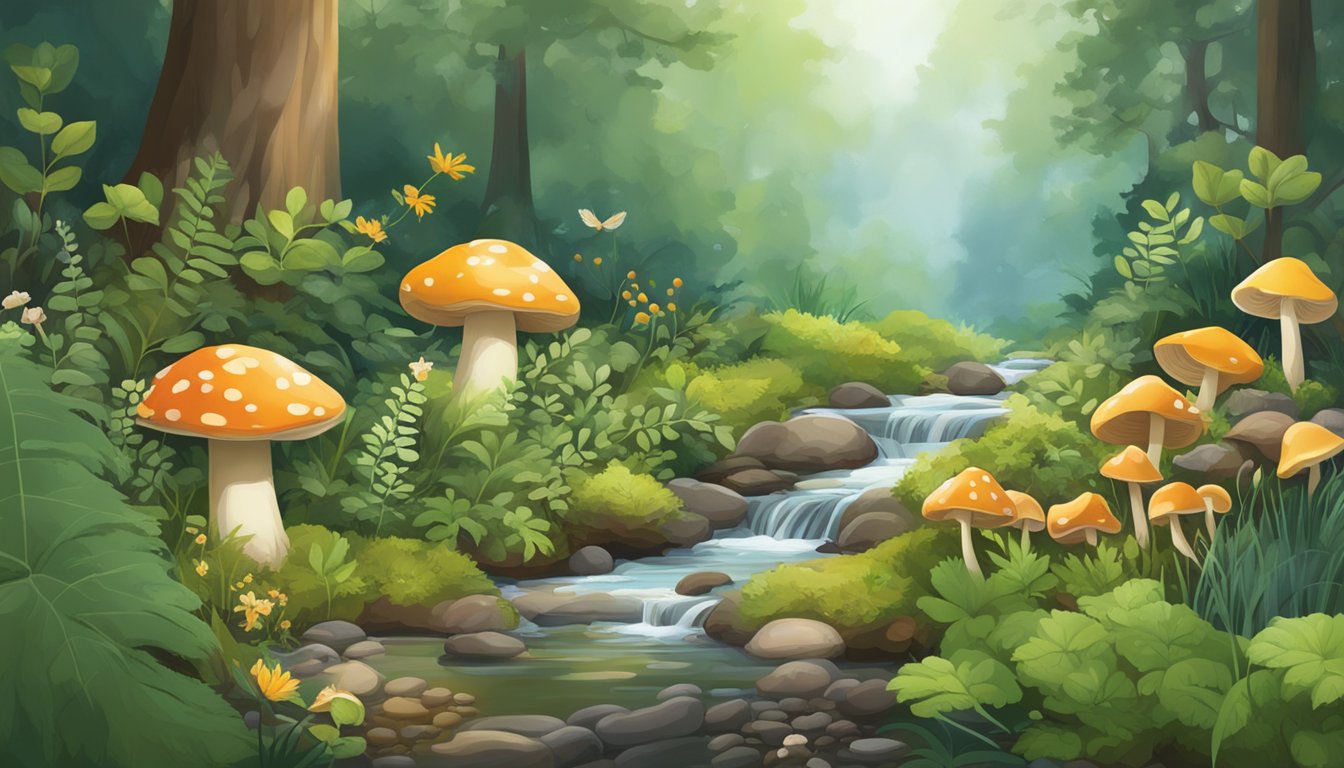 A lush forest floor with a variety of wild plants, mushrooms, and berries. A babbling brook runs through the scene, adding to the natural beauty