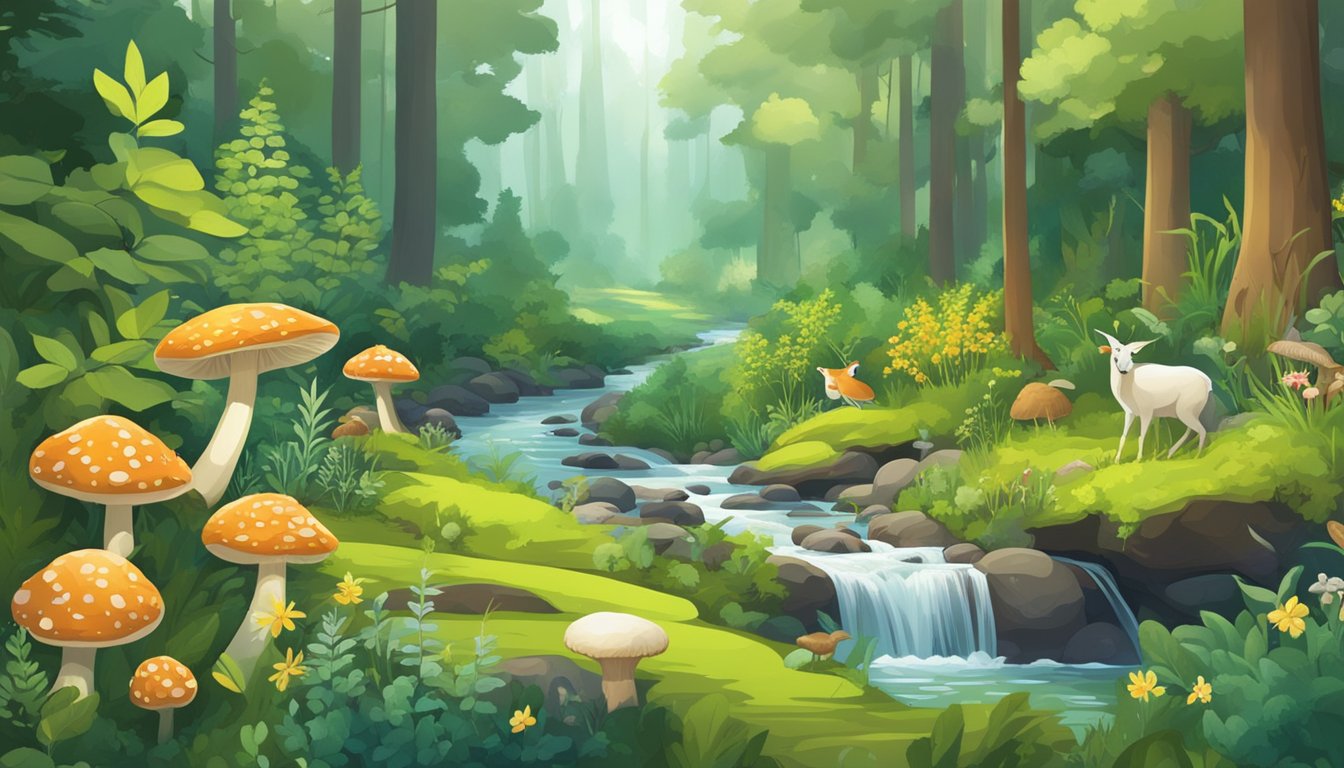 A lush forest with an array of wild plants, mushrooms, and berries. A clear stream flows through the landscape, and various animals can be seen foraging for food