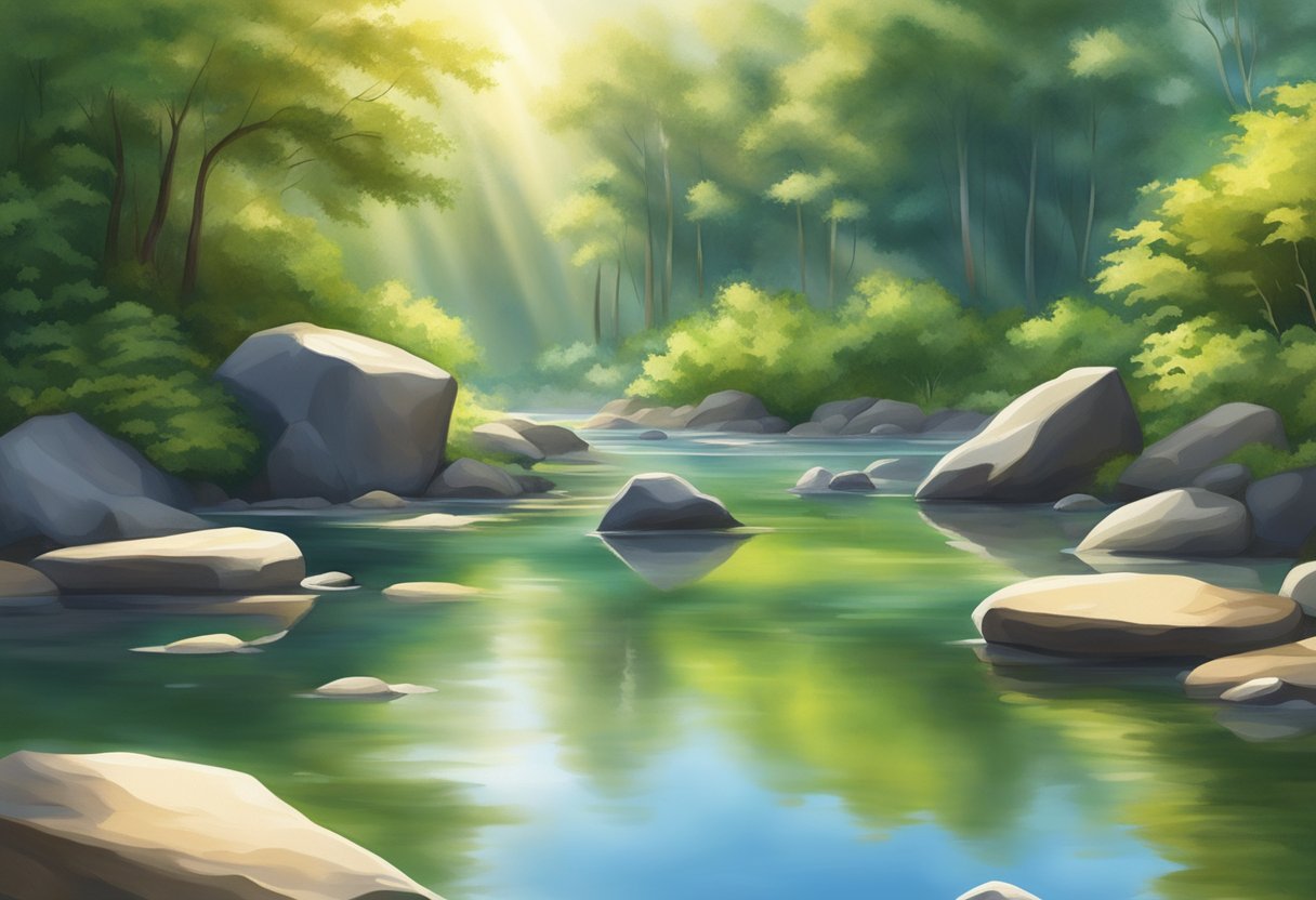 Sunlight glistens on a tranquil pond, surrounded by lush greenery. Smooth rocks line the water's edge, adding a natural and serene beauty to the landscape