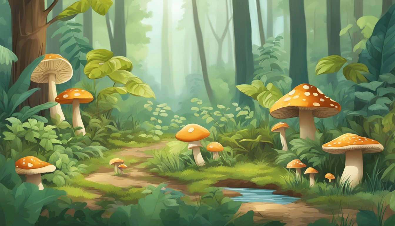 Lush forest floor with a variety of wild plants and mushrooms. Small animals foraging and interacting in a community setting